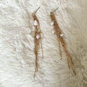 Anthropologie Pearl Fringe Drop Earrings 14K Gold-Plated Brass Elegant 4”